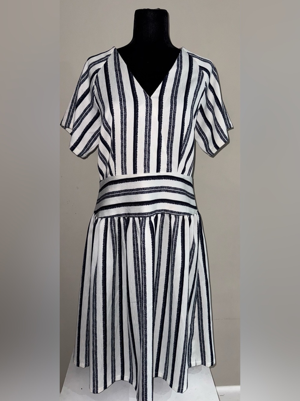 ELOHIM by Sabrina Goh Navy Blue Striped V-Neck Architectural Dress L